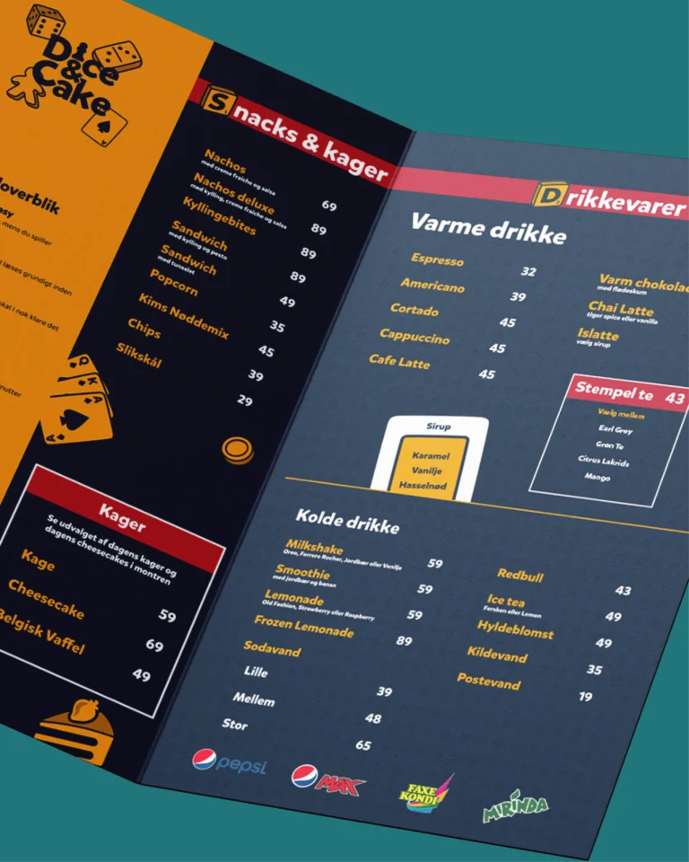 Dice & Cake – menukort designet af Studio OnBrand